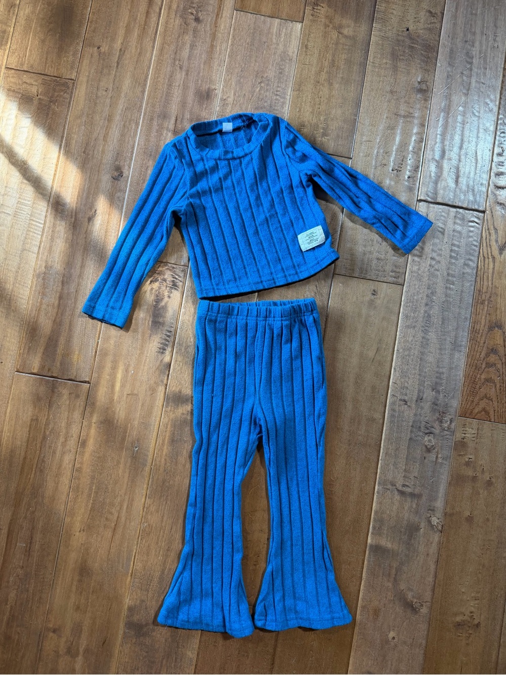 SHEIN Blue Ribbed Kids Pajama Set - Long Sleeve Top & Flared Pants